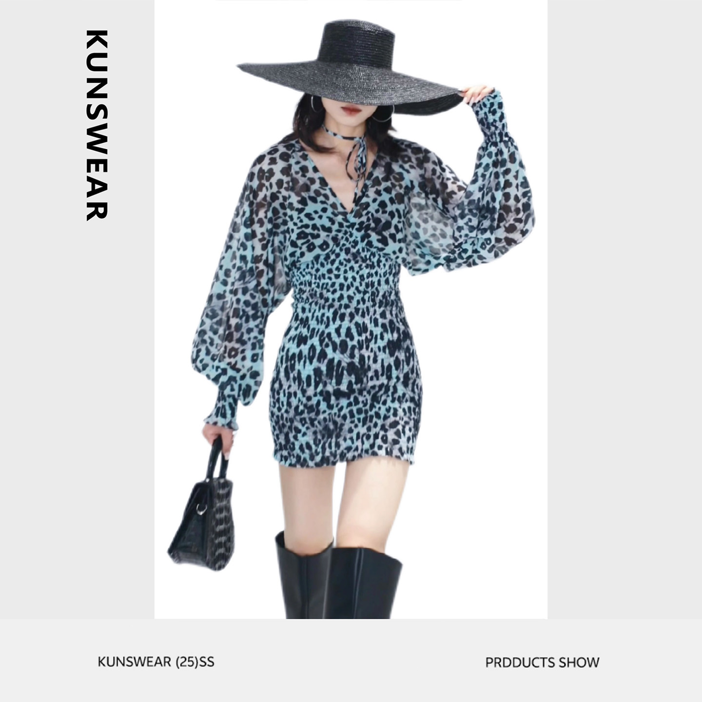 KUNSWEAR/琨丝薇尔25SU 极简纯色气质褶皱V领连衣裙女