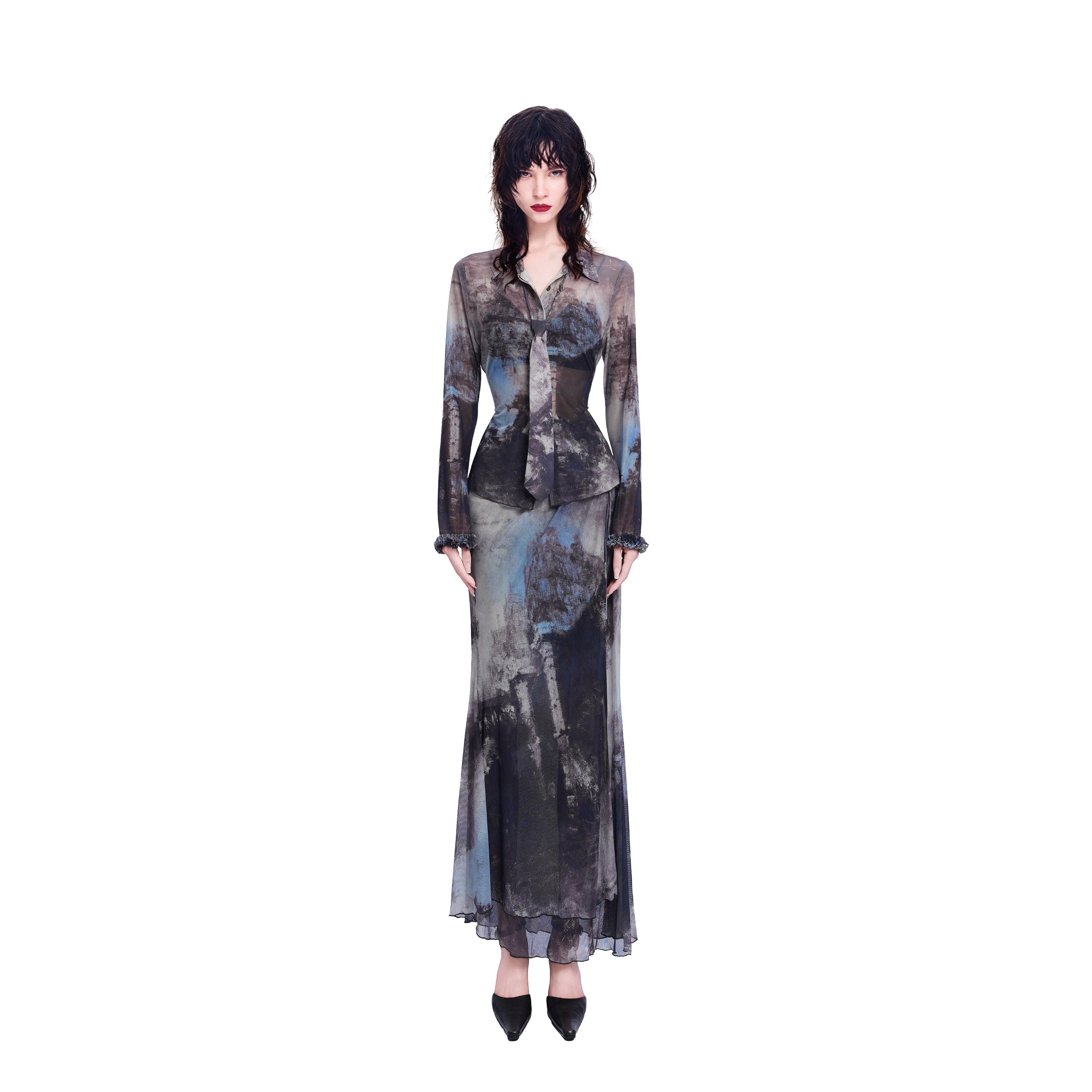 KUNSWEAR/琨丝薇尔26SP 时尚清透水墨女装喇叭长袖领带上衣