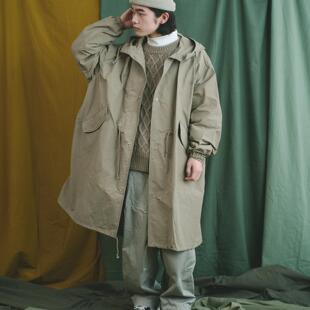春季新款日系复古连帽风衣外套过膝中长款廓形M-51工装大衣男女款