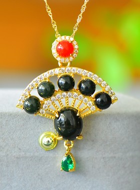 925镶嵌黄色扇形玉石项链吊坠