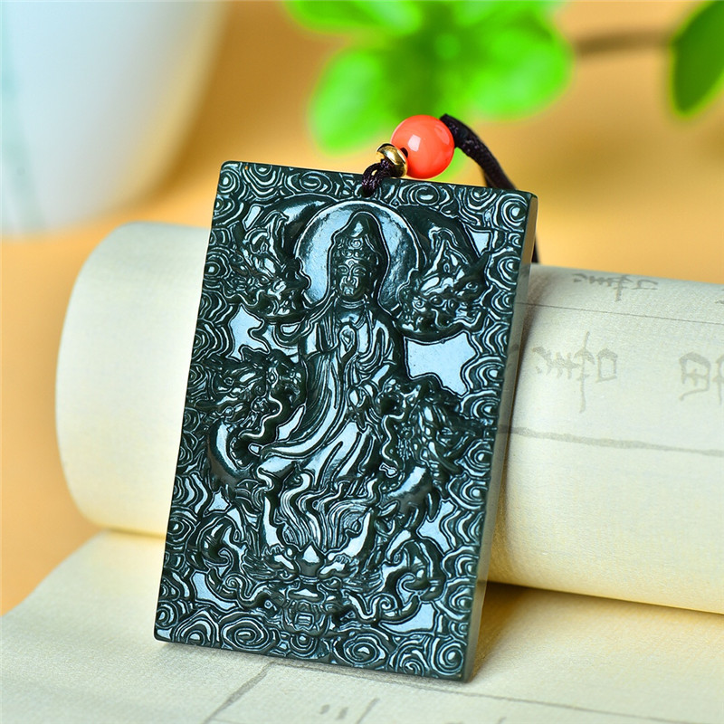 天然和田玉青玉乘龙观音玉石挂件保真九龙护主吊坠男项链双面佛像