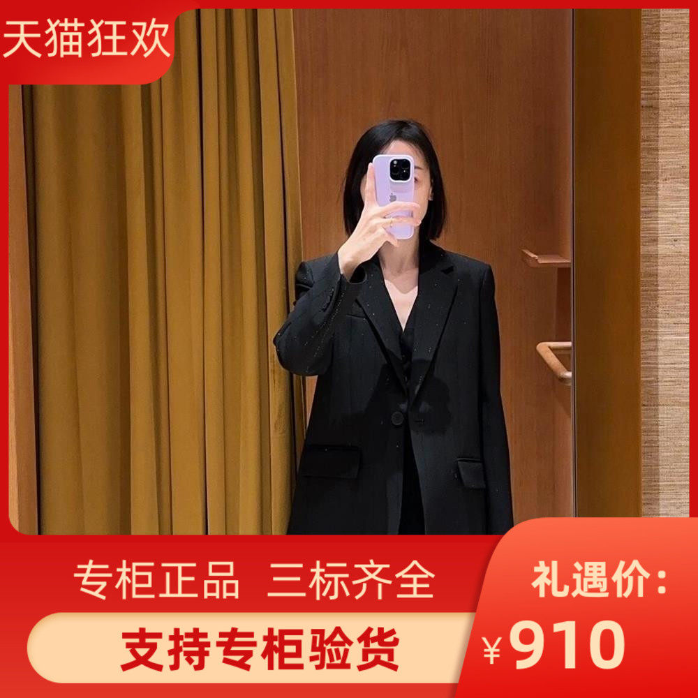 maSande2025早春新款女装时尚法式黑色亮片西装外套上衣SFPVE0115