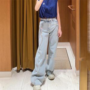 maSande2025春夏新款女装浅春系穿搭钻饰水波纹牛仔长裤SFPJE0068