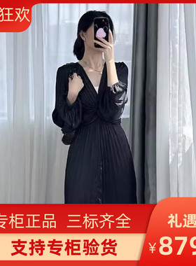 maSande2023早秋新款女装法式收腰百褶黑色连衣裙MFPRO03092