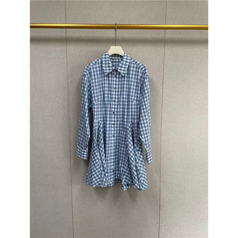 maSande法国M家26春女法式时尚格纹仿钻饰府绸短款长袖收腰衬衫裙