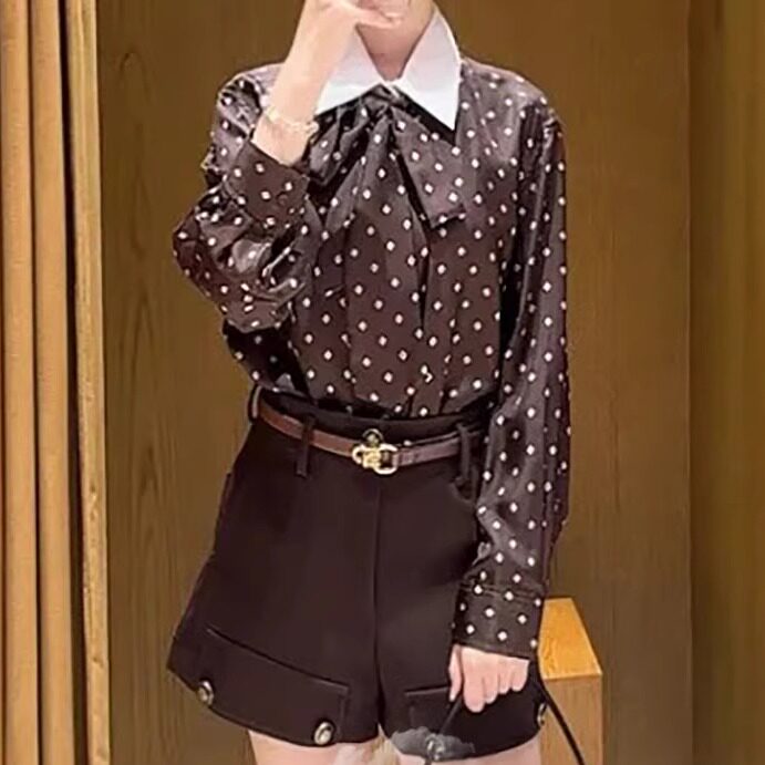 maSande2025早秋女装复古撞色波点短袖连衣裙短裙衬衫上衣SFPRO04