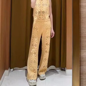 maSande2025春夏新款时尚女装法式波嬉风镂空花朵针织长裤SFPPA01