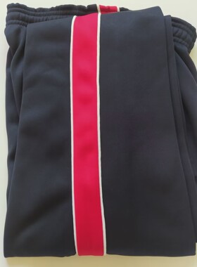 冬季加绒藏蓝色校服裤子红宽杠前后夹白细条学生运动裤中性收口