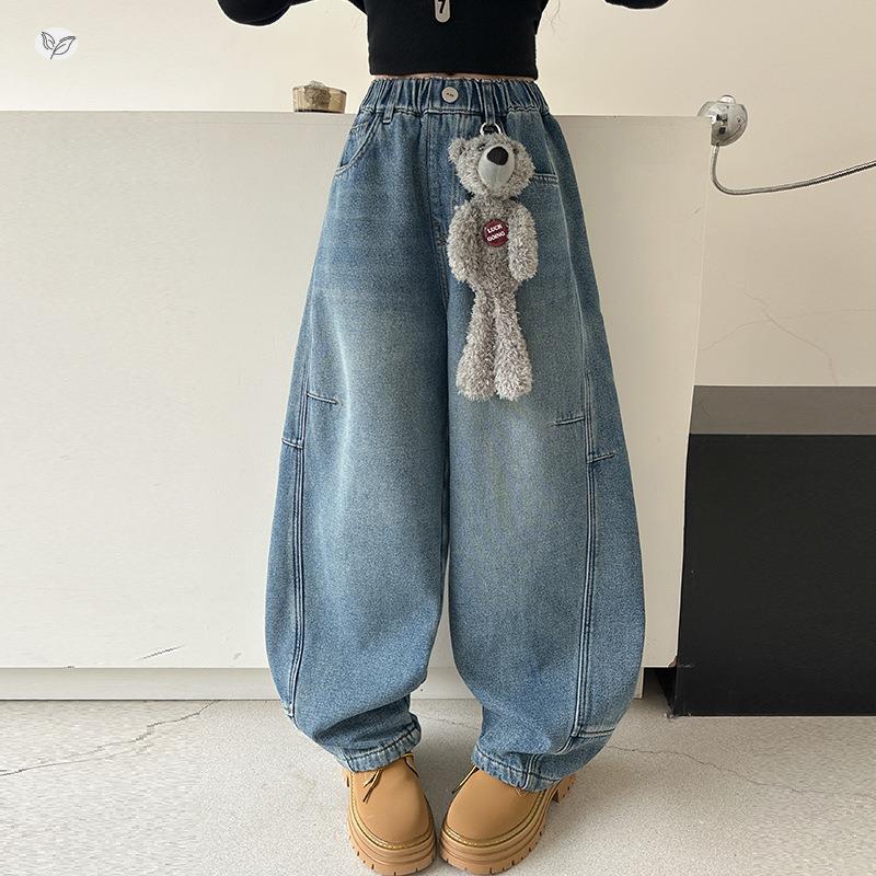 女童2025年冬季新款绒加厚挂件小熊牛弯仔刀裤中大童保暖阔腿加裤