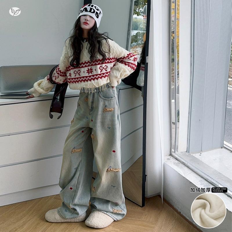童2加绒牛仔裤套装205秋冬新女款儿童毛衣针织衫刺绣直筒裤两件套