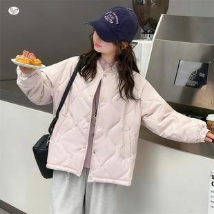 女童225秋0冬新款简约浅粉色棉衣女大童户绒外加加厚保暖棉服外套