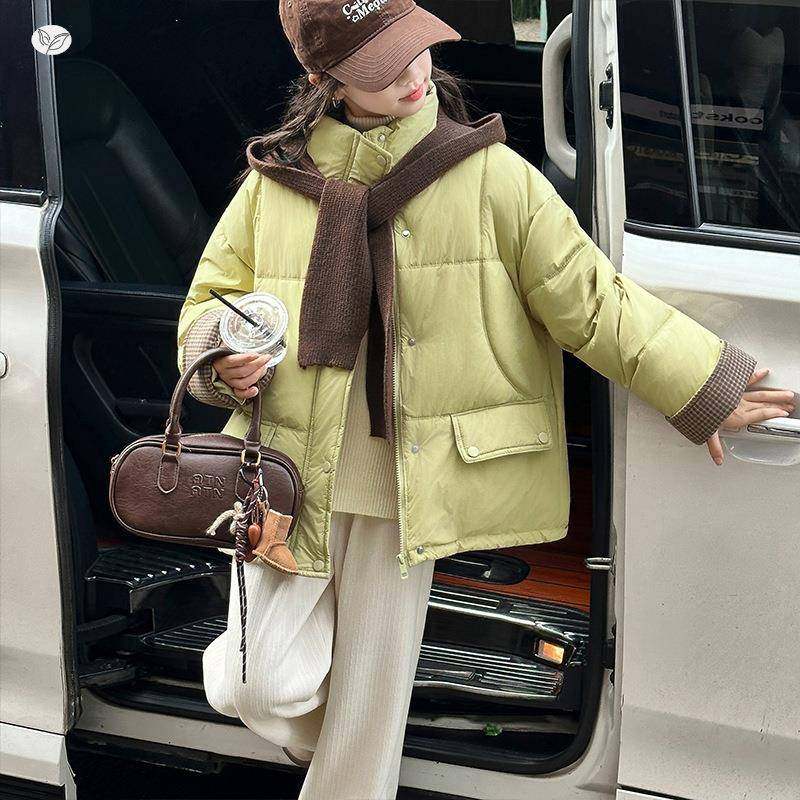 女童2025年冬季新款小清新立棉领月光绿衣女大棉童户外加绒披肩服