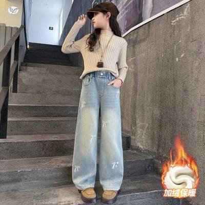 女童秋冬牛仔裤加绒225新款中大童片蝴蝶结0阔亮腿裤浅蓝色直筒裤