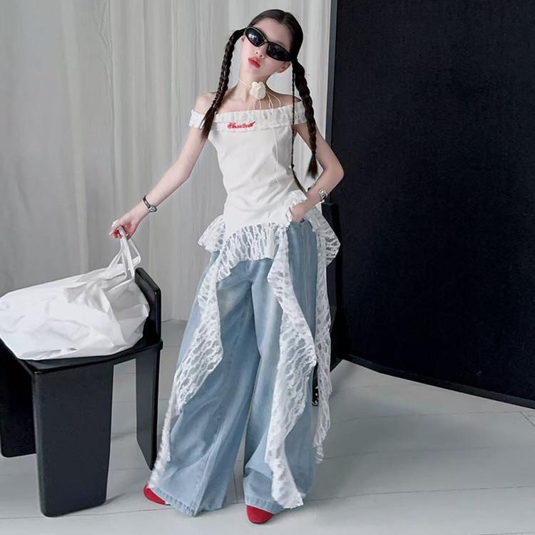 女童夏美式蕾丝飘带一字肩T恤背心设计感吊带上衣牛仔裤套装