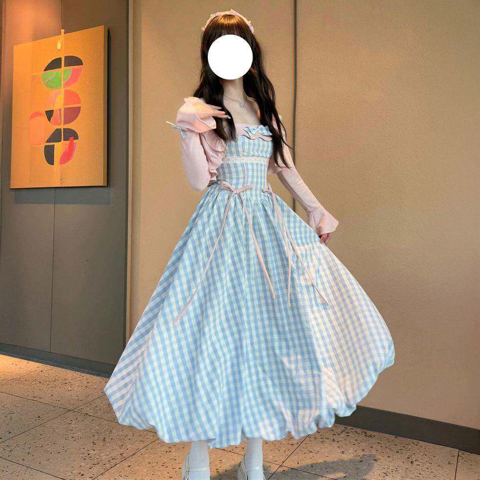 女仙童气粉搭色百披肩裙套装中大童夏季新款格纹百搭吊带连衣裙子