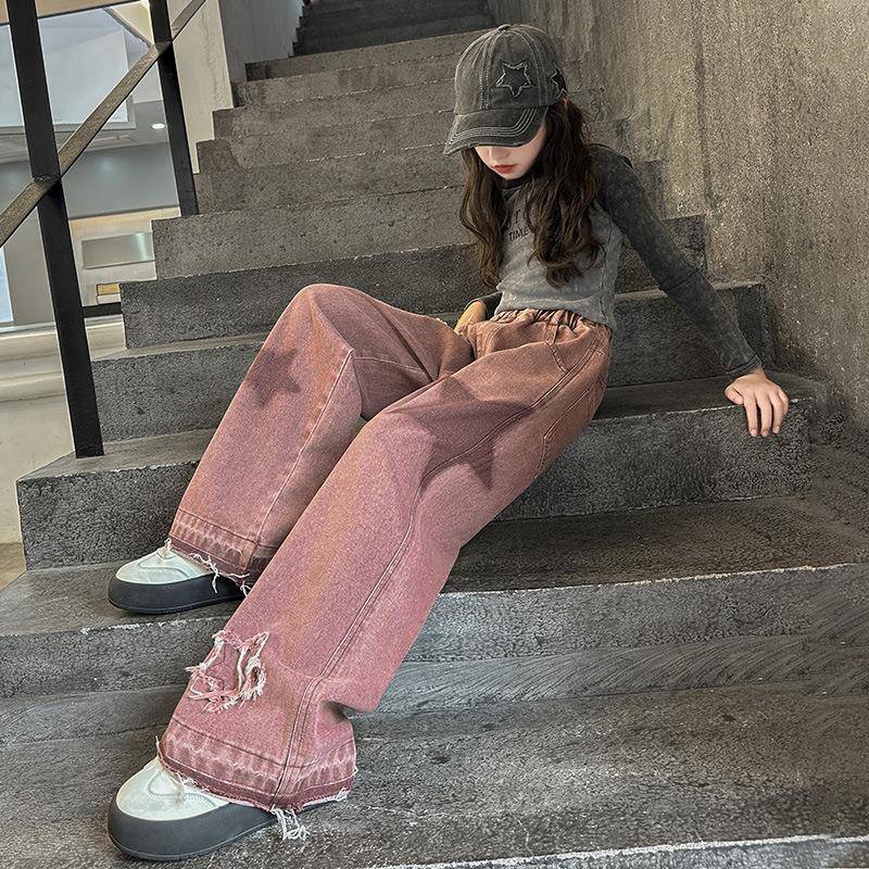 女童加绒牛仔裤秋直冬新款裤韩版牛仔筒中大童春秋贴布宽松拖地裤