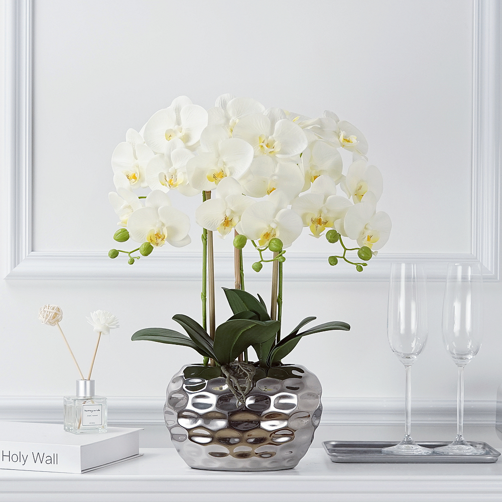 仿真蝴蝶兰盆栽套装装饰桌面花卉电镀陶瓷盆餐桌摆放客厅装饰假花