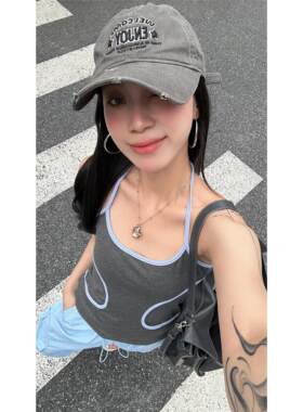 HELLOTANGO《半熟盛夏》夏季甜酷辣妹撞色拼接时尚挂脖吊带55560#