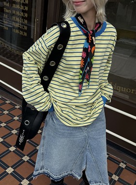 HELLOTANGO《线条奇遇》秋季韩系复古撞色条纹圆领长袖T恤65810#