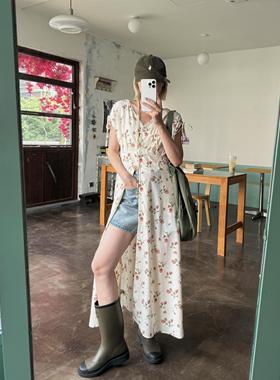 HELLOTANGO《回游仲夏夜》夏季法式碎花温柔v领连衣裙开衫24604#