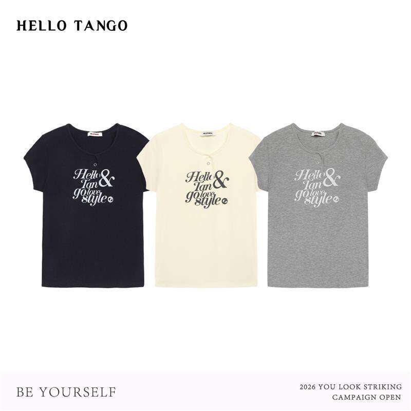 HELLOTANGO《美式简叙》夏季复古修身显瘦百搭圆领短袖T恤66612
