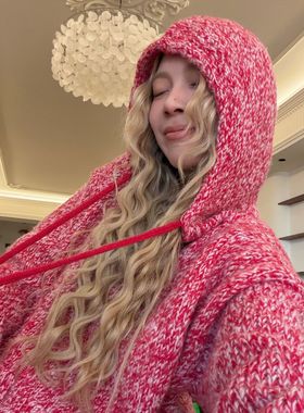 HELLOTANGO《雪花冬季》秋冬慵懒感宽松针织连帽开衫外套8360#