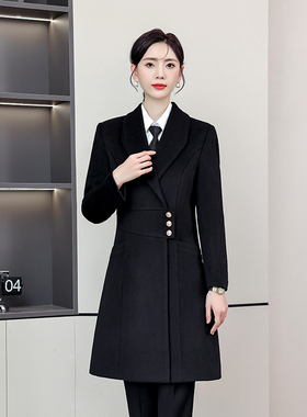 职业装黑色中长款毛呢子大衣女商务工装外套导购珠宝店柜台工作服