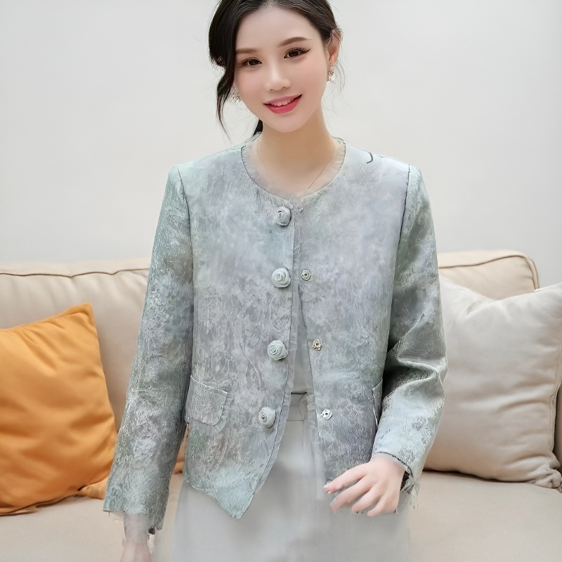 【商场同款】轻熟风新中式女圆领提花纽扣高级感气质显瘦上衣