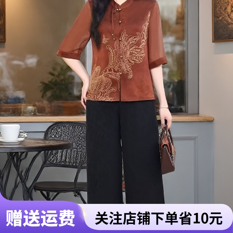 高档年轻妈妈夏装新中式国风印花中袖衬衣+直筒裤显瘦减龄套装