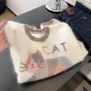 韩系甜美卡通猫咪软糯毛衣女2025秋季 上衣 新款 设计感百搭显瘦时尚