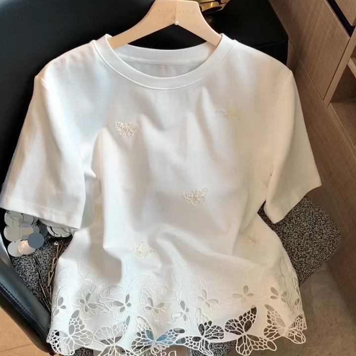 白色蝴蝶结钉珠镂空圆领短袖女夏