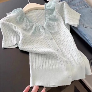 法式蕾丝花边拼接V领短袖T恤女2025夏季新款修身显瘦百搭针织上衣