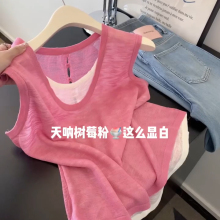 树莓粉假两件无袖背心女2025夏新款修身显瘦显白薄款外穿吊带上衣