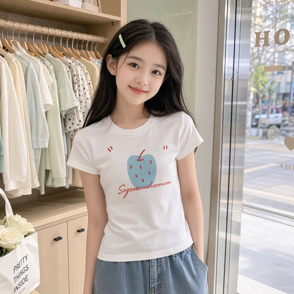 女童韩系2026夏新款草莓图案正肩短袖T恤小众甜美风修身显瘦上衣t