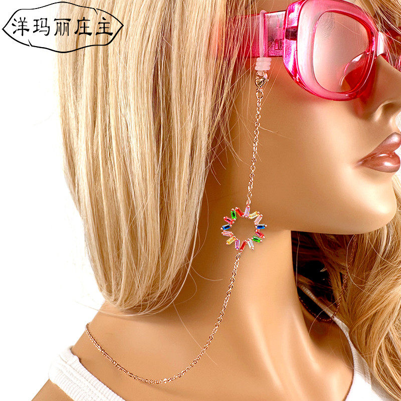 彩环眼镜链条女镶水钻挂脖太阳镜时尚k金色装饰个性眼睛防掉绳子
