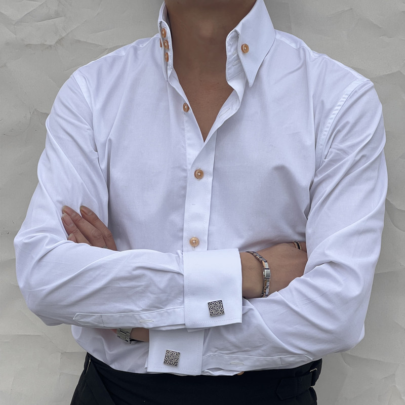 【超高领三橘扣白衬衫】意式尖领商务法式袖扣纯棉免烫定制男衬衣