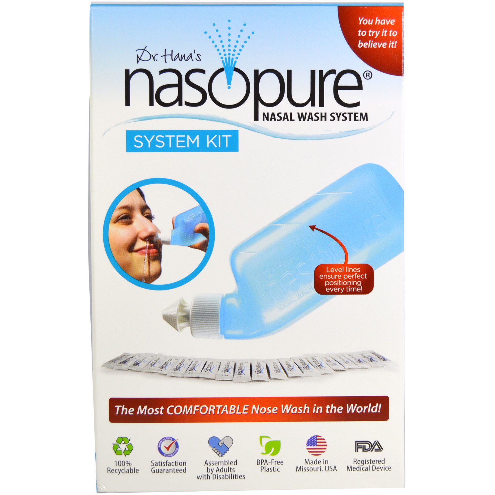 包邮现货美国Nasopure专业成人洗鼻器套装含20包盐 方便有效