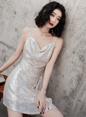 吊带交叉露肩性感小礼服新款气质名媛短款亮片显瘦平时可穿晚礼服
