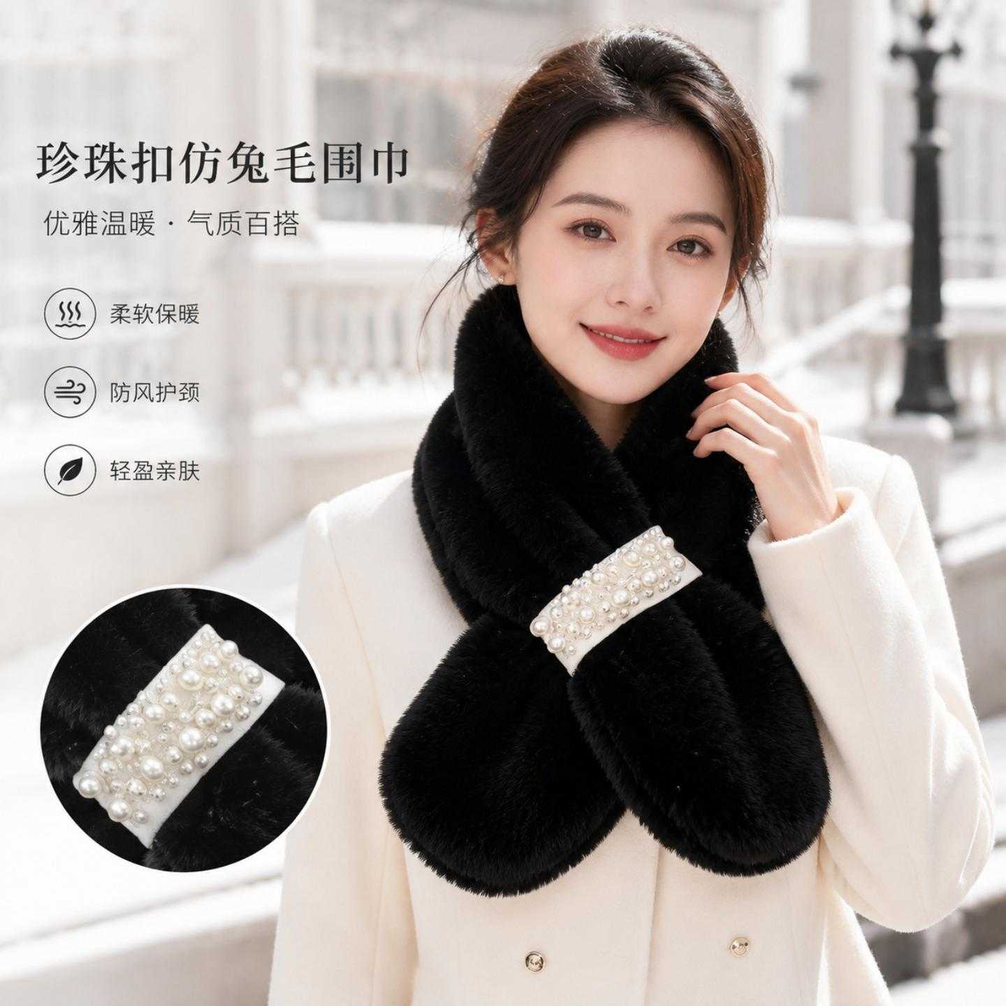 秋冬季新款珍珠仿獭兔毛毛绒围脖女百搭交叉加厚保暖毛毛围巾