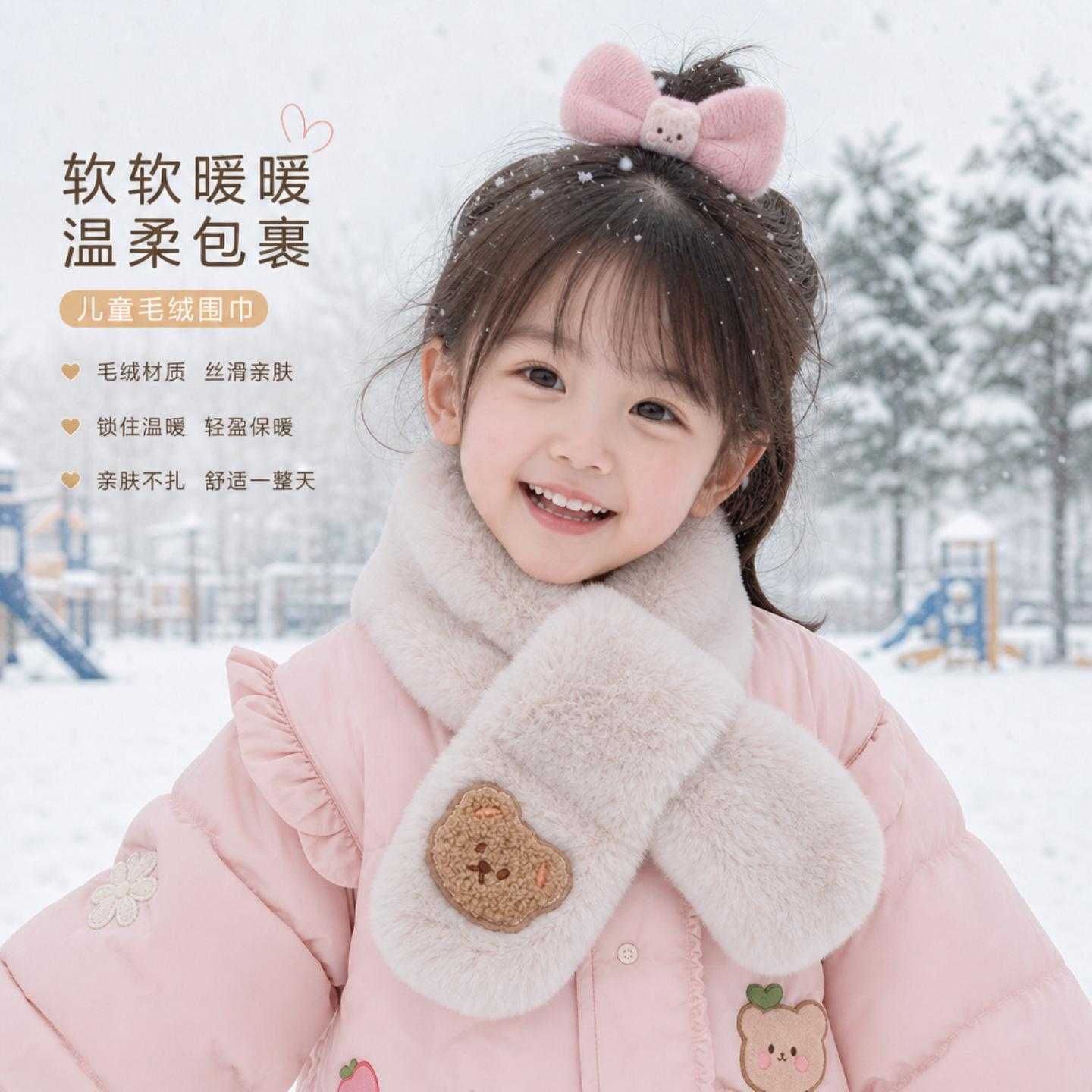 冬季儿童可爱毛绒脖套男童女孩加绒加厚保暖围巾宝宝卡通交叉围脖