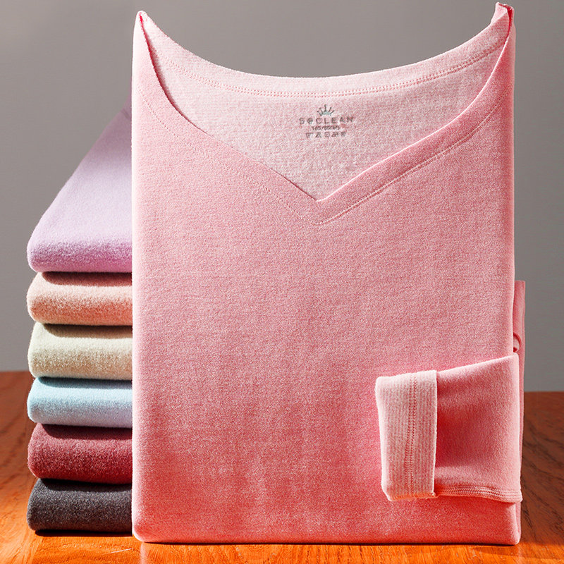 2件 蚕丝德绒自发热无痕打底衫单件秋衣女内穿上衣加绒保暖内衣冬