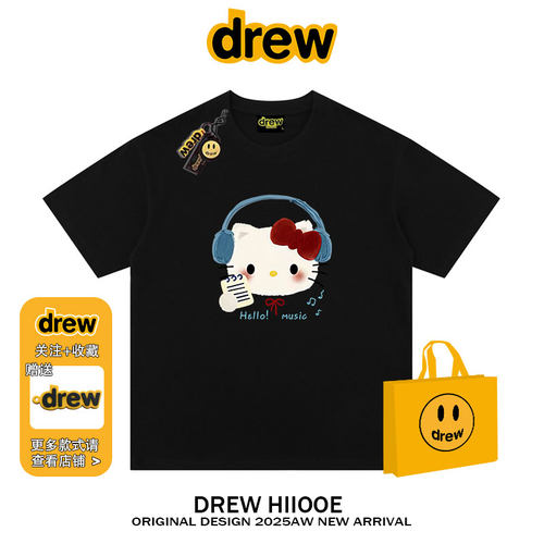 drew美式潮牌KT猫短袖t恤男女夏季宽松百搭休闲情侣纯棉半袖ins