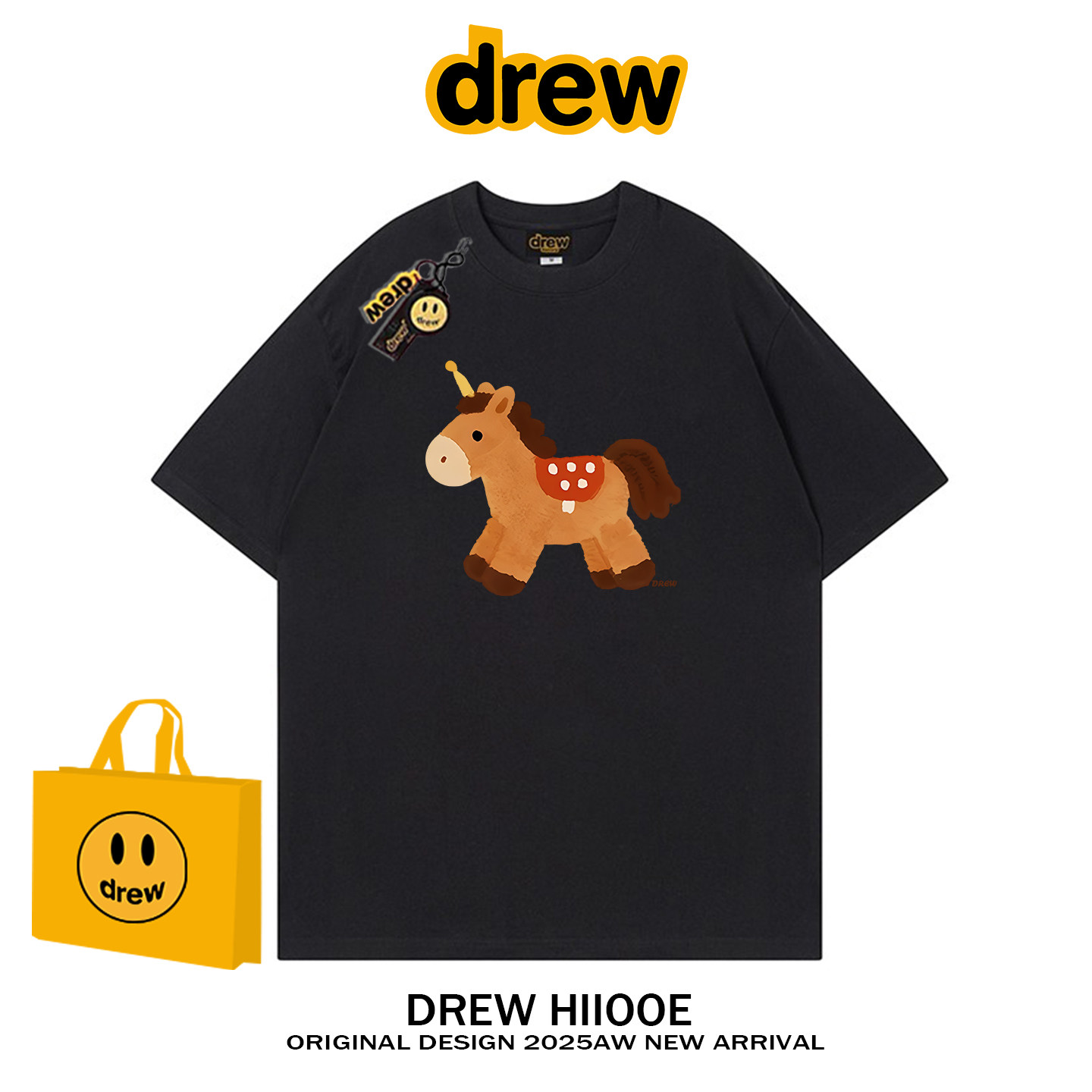 drew美式潮牌卡通木马印花纯棉短袖T恤男女夏季宽松休闲情侣上衣