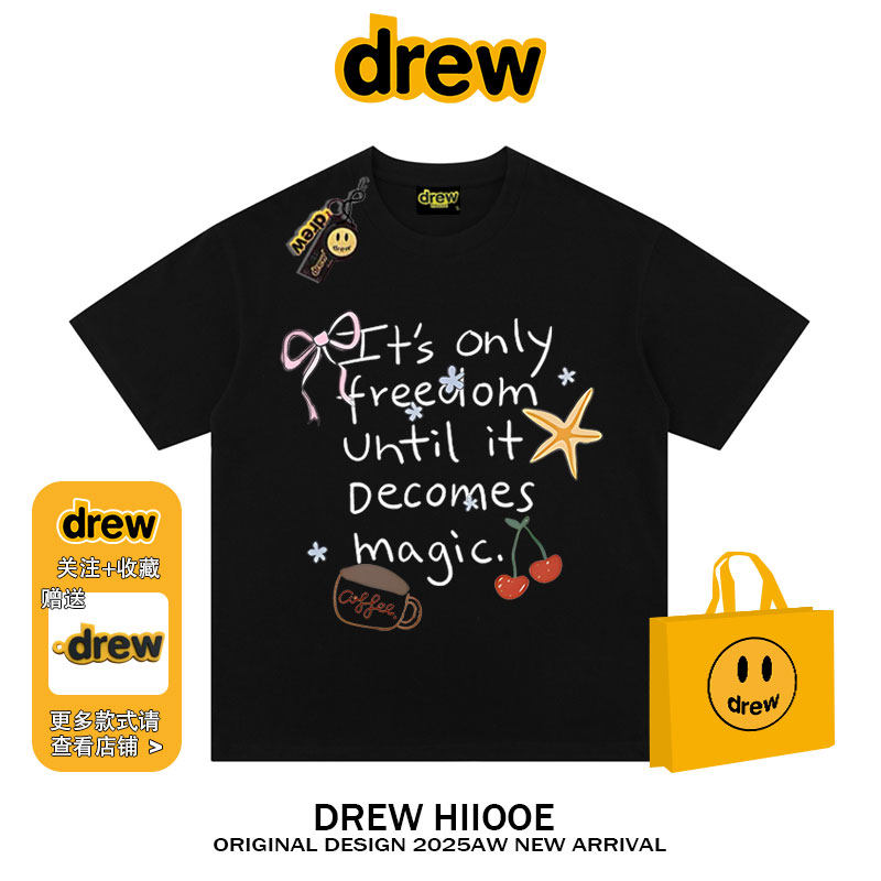 drew美式潮牌手绘涂鸦蝴蝶结樱桃字母印花短袖t恤男女宽松情侣装