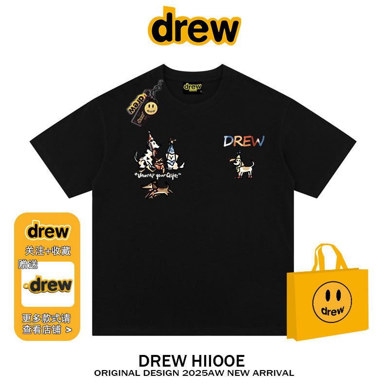 drew美式潮牌卡通小狗短袖t恤男女2025夏季新款宽松百搭情侣上衣