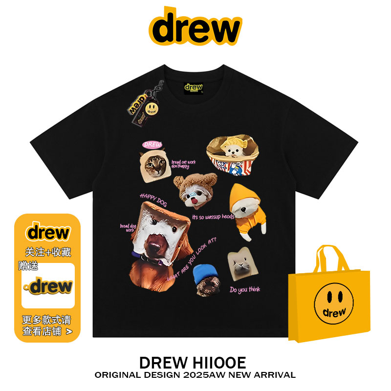 drew美式潮牌明星同款萌宠印花短袖t恤夏季纯棉休闲宽松情侣上衣