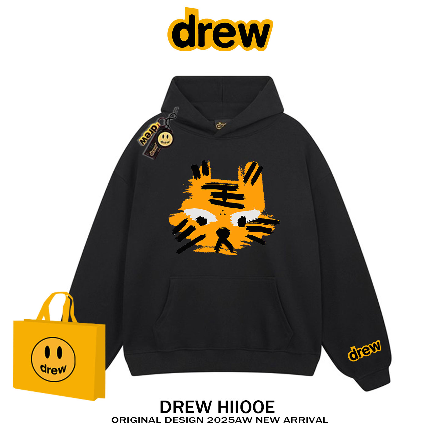 drew美式潮牌手绘老虎印花连帽卫衣男女秋冬宽松情侣加绒帽衫外套