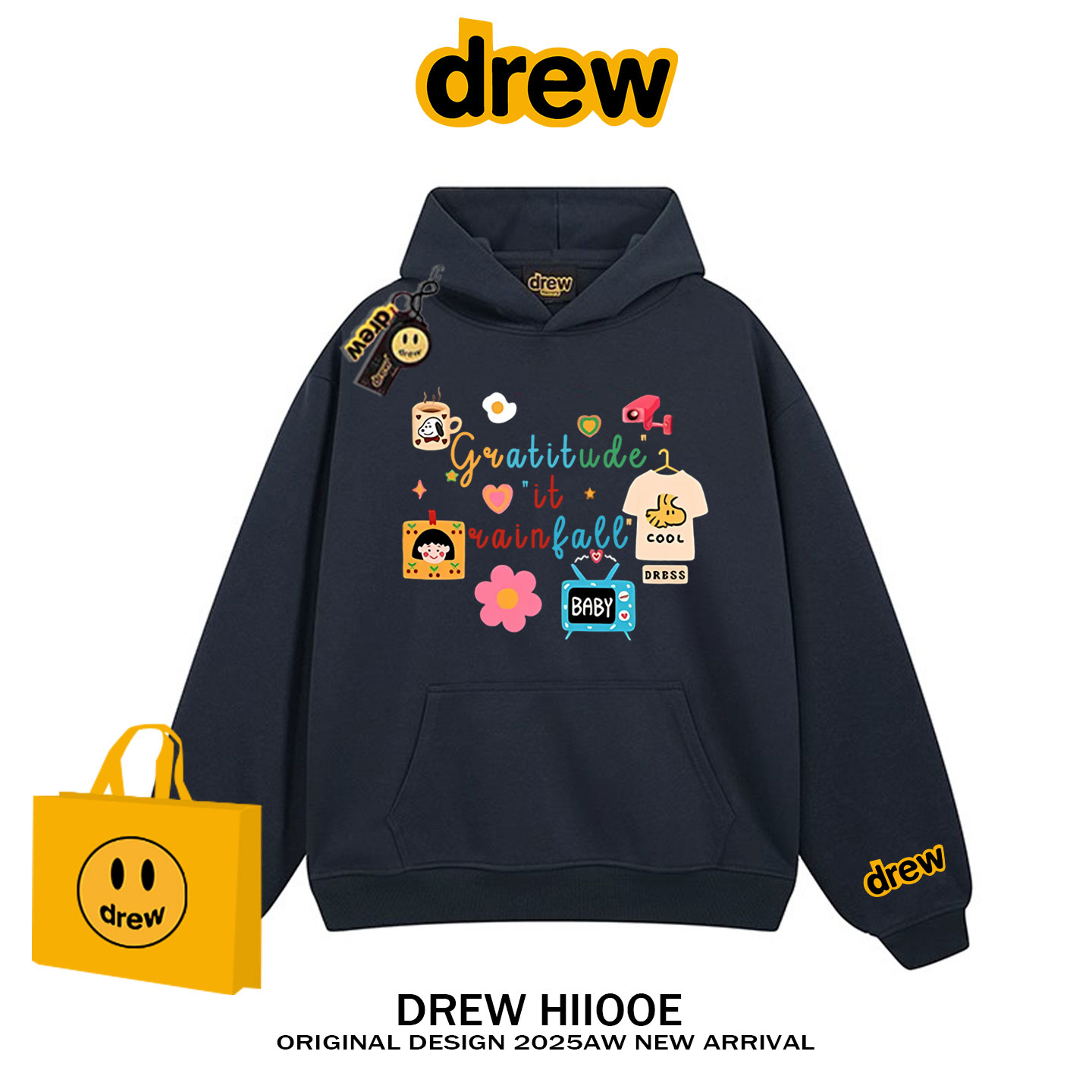 drew美式潮牌趣味涂鸦连帽加绒卫衣男女秋冬新款宽松情侣帽衫外套