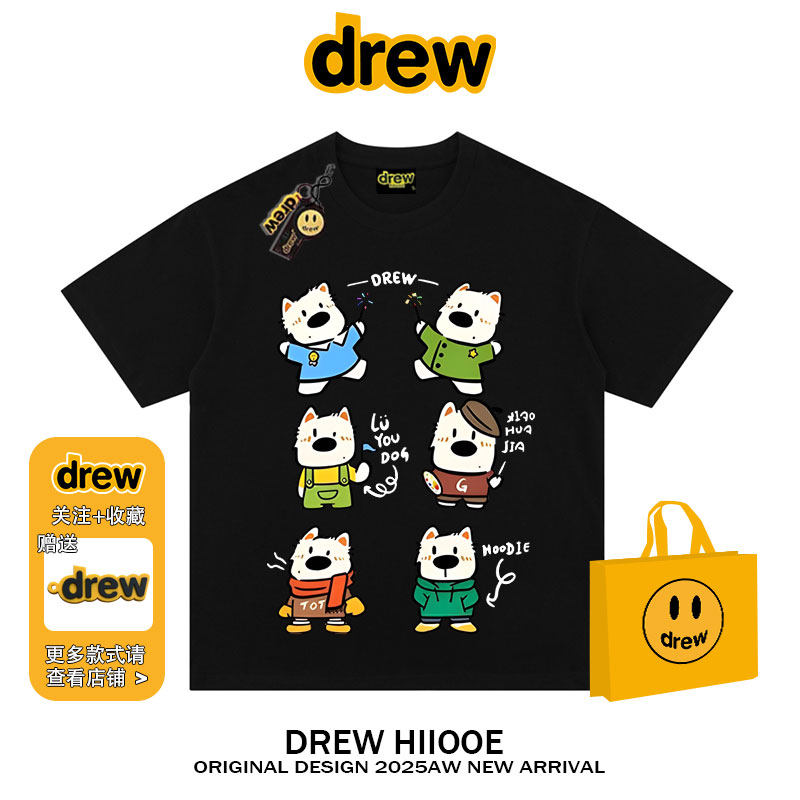 drew美式潮牌卡通小狗印花短袖t恤男女学院风休闲宽松情侣上衣ins