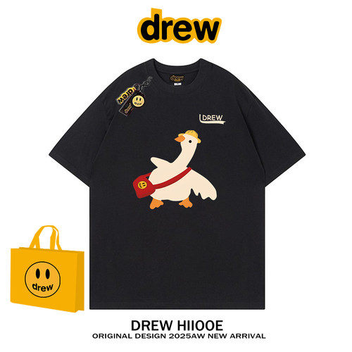 drew美式潮牌趣味上学鸭印花纯棉短袖T恤男女款夏季宽松情侣上衣